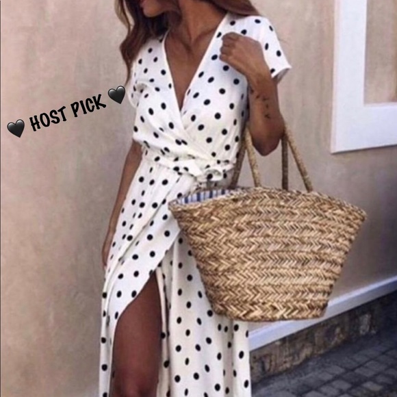 Rouge! Dresses & Skirts - Maxi Wrap Polka Dot Belted White Summer Dress